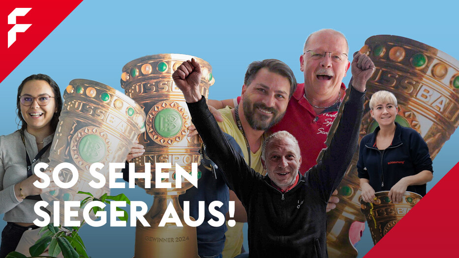 Mehrere jubelnde Personen vor großen Abbildungen des DFB-Pokals, Schriftzug So sehen Sieger aus!.